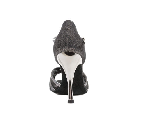 Rückansicht eines Dancing Queens 705 Tanzschuhes in Silber & Schwarz mit einem metallisch glänzenden Stilettoabsatz.
